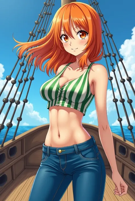 (anime) Nami from one piece a teenage girl with orange hair with orange eyes and a revealing green and white striped bra and blue jeans and she is on a pirate ship 