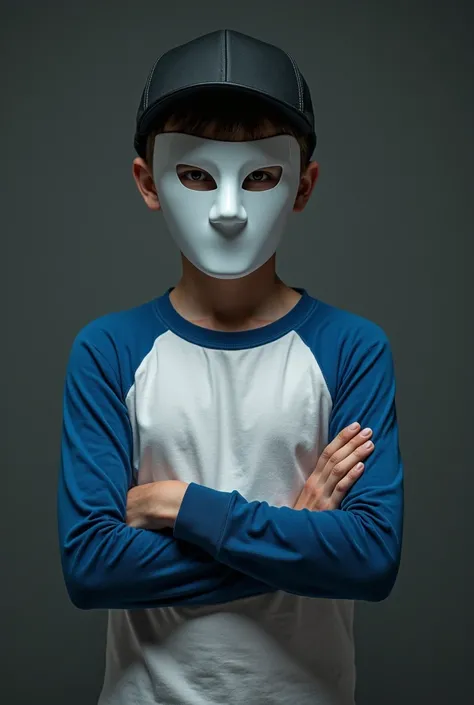 Boy with black cap, white mask , mysterious, blue long sleeve shirt, white shirt, arms crossed