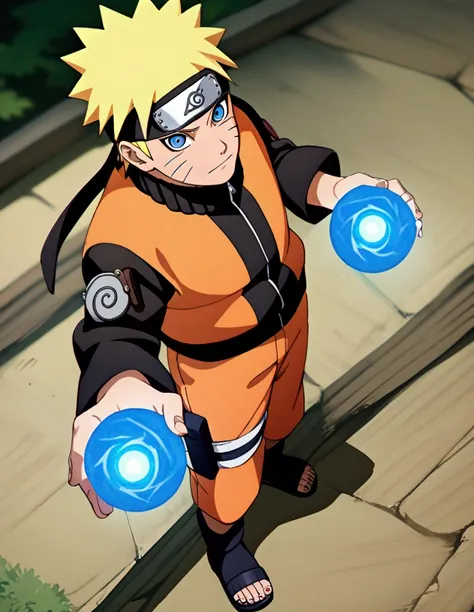 1boy,  naruto uzumaki, naruto shippuden, looking at viewer, blonde hair, blue eyes, facial mark, forehead protector, full body, ...