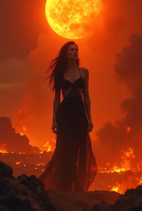  A beautiful woman with long black hair looking back at the sky,a short and sensual black dress, All around you can see everything covered in flames and fire, The sky has turned completely red covered in hellish flames, In the distance you can see an immen...