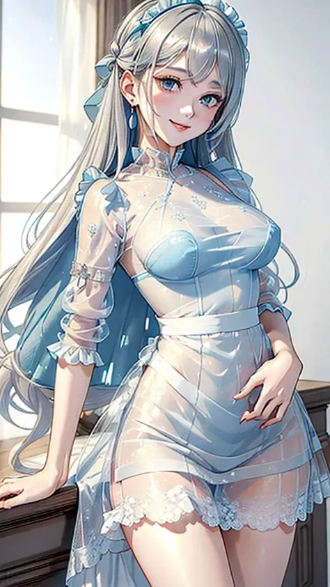 (((masterpiece, super high resolution, ultra hd, 8k quality))), (((((woman in pale blue see-through maid dress))))), (((((shinin...