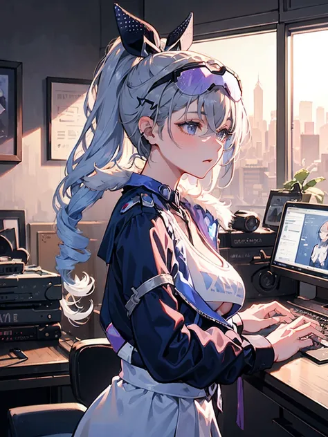 masterpiece, Best image quality, Very clear, Anime girl with curly hair and a ponytail, Petite figure, White functional coat, small, Blue-purple gradient ski goggles, Cyberpunk characters, White Hair, Natural casual style, Dynamic posture, Golden Section, ...