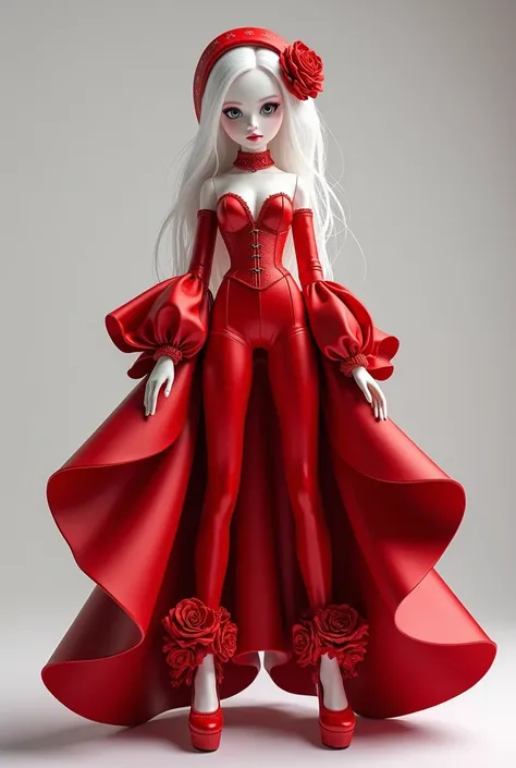 Adult albino 3D anime doll WEARS a monochromatic outfit in blood red and white tones that stands out for its bold and extravagant style.
 
Pants: The pants are a one-piece jumpsuit in a bright blood red, with a satin finish that gives it a subtle shine. Th...