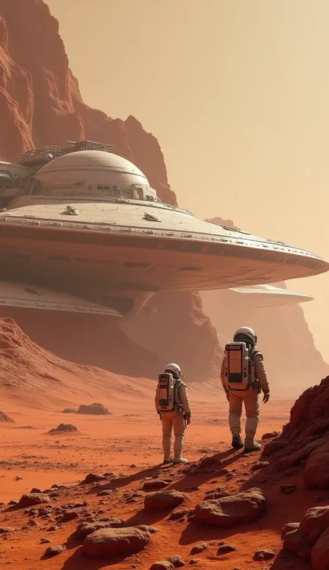 A powerful visual of Musk’s vision, showcasing a future Mars colony with futuristic buildings, spaceships, and astronauts working on the red planet.