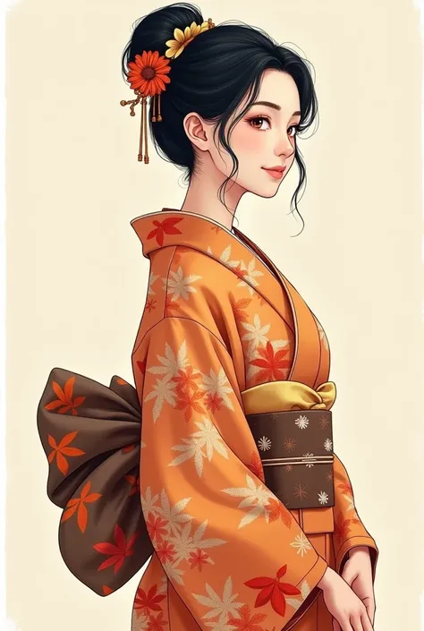 Please draw me an illustration of a Japanese woman with black hair tied up.　I have a drawstring bag with an illustration of a woman in her 20s wearing a kimono with an autumn pattern and smiling gracefully.。