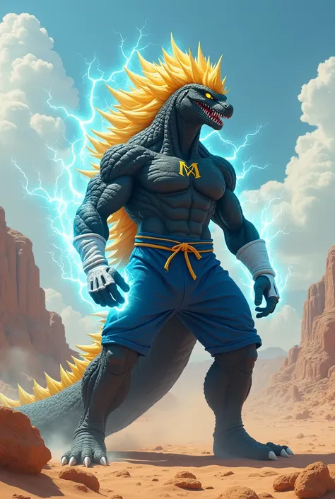 A reptile with a Godzilla face and anthropomorphic body, black skin with a Super Saiyan hair(yellow color) and electric aura(blue color) and blue shirt, blue sweatpants and white gloves an "M" mark on his forehead and stands in front of a desert