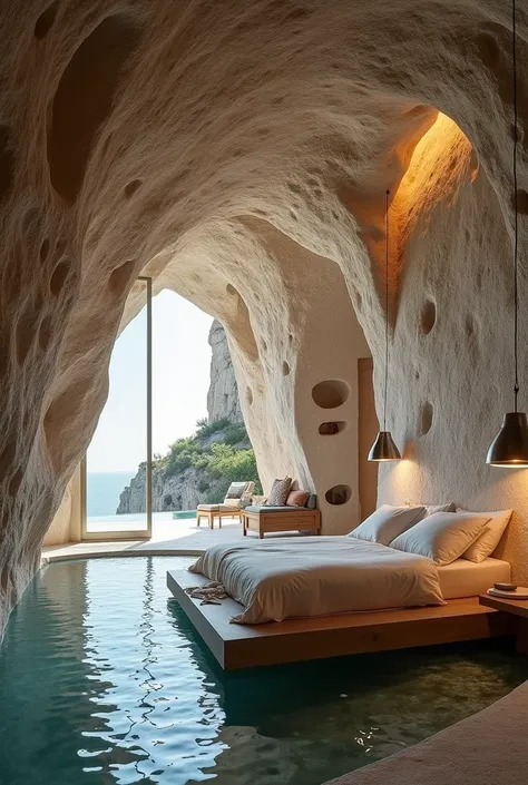 Superb Architecture of a stunning, modern cave-like bedroom that seamlessly blends natural elements with contemporary design. 

### Key Features:

- **Architecture:** The room is carved into a rocky structure, with rough, textured walls that retain their n...