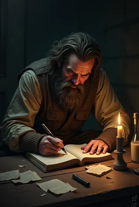 Create an adult man in brown clothes and brown beard writing a diary in a hurry and stress in a dark room