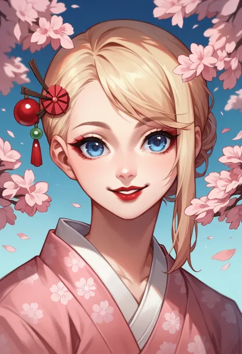 Beautiful adult anime woman, long blond hair, cherry blossom hairpin, smiling, in kimono, blue eyes, red lips, close up, cherry blossom background 