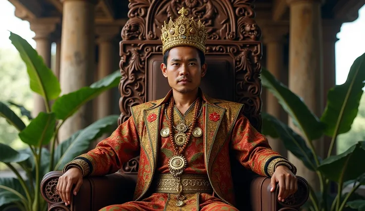 "Create an ultra-realistic portrait of a Javanese king during the height of the kingdom era. The king is seated on an ornate wooden throne, carved with intricate patterns inspired by Javanese mythology. He wears a golden crown adorned with jewels, intricat...