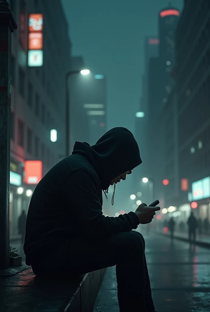 Lonely man with watch sitting with hood and a night city in the background 