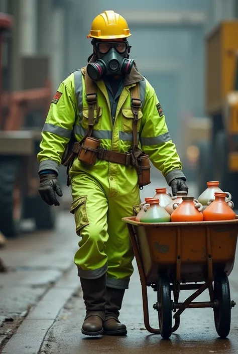 A worker with a yellow helmet, gas filter respirator, glasses, leather boots and fluorescent green overalls with grey stripes carrying a wheelbarrow with gallons of acid
