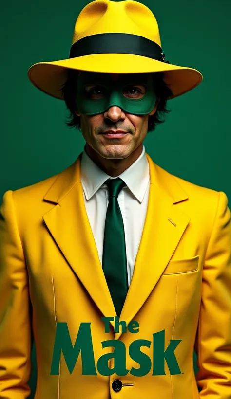 The Mask movie poster、Mask upper body、Wearing a yellow suit, a yellow wide-brimmed hat and a white shirt、Dark green tie(((Written in bold stylish poison font at the bottom of the poster「MASK」It says:)))