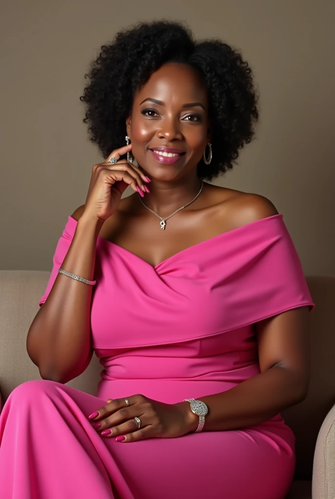 Mature black woman short 
in pink dress full body size siting down 
