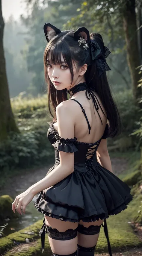 天）Create an ultra-realistic 8K image of a character inspired by a sabertooth tiger, retaining its iconic physical traits while portraying the ultimate Gothic Lolita. The character is a strikingly beautiful girl, with sharp, feline features that retain the ...