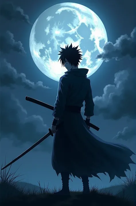 Make sasuke with his katana and moon behind the sasuke 