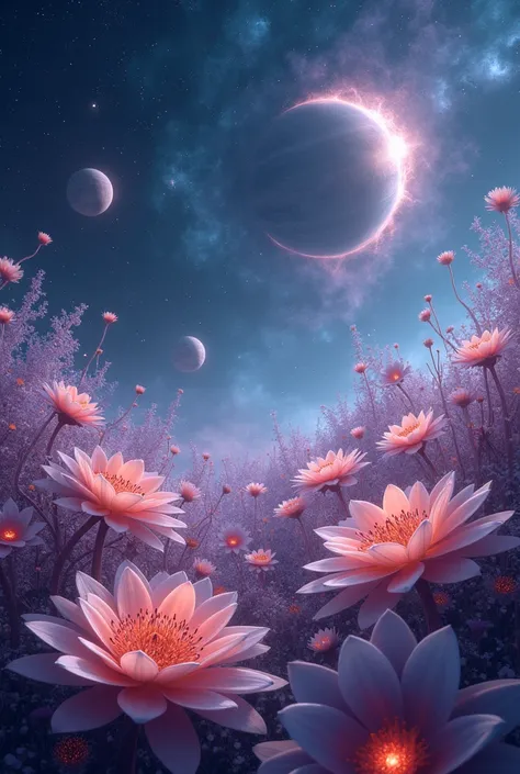 Make a cosmic flower garden that exudes constellations. 3d image 9k