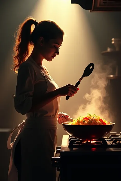 The silhouette of a female cook artistic and lifts the spatula upd , while cooking a delicious fried rice with vegetables in the wok