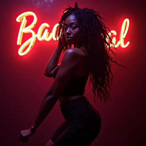 Beautiful sexy African or Jamaican brunette woman with braids or dreadlocks dancing and behind her a led light sign with the word Bad Gyal 