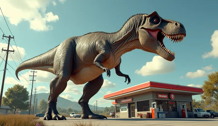 One realistic t rex in gas station