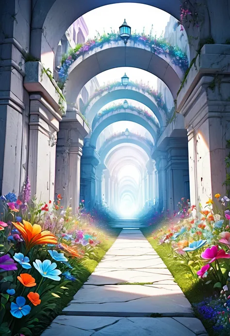 beautiful underground city, pure white limestone walls and ceilings, colorful minerals buried inside, flower garden made of jewels, fantastic iridescent light effects, delicate and dynamic textures, contrasts of light and shadow, 2.5D, digital graphic CG, ...