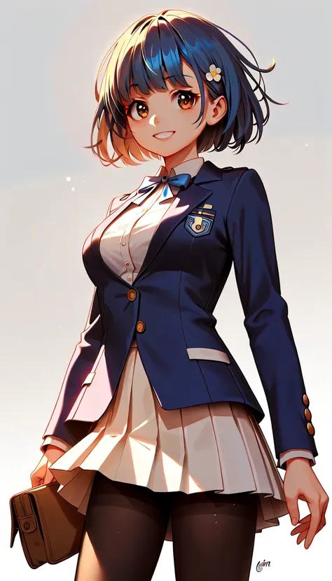 1girl, Best Quality, Very detailed,Ultra-high resolution,  (white background, simple background), cowboy shot, soft focus, (smile, medium breasts, Kind eyes, brown eyes, big eyes), {Bright blue hair, Short Bob Hair}, Student Uniform, {dark blue blazer, Whi...