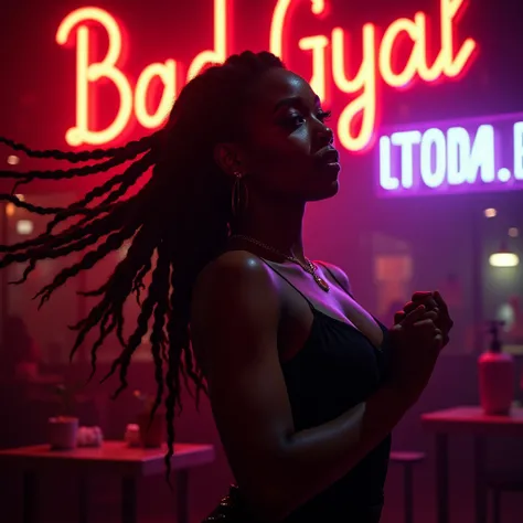 Beautiful sexy African or Jamaican brunette woman with braids or dreadlocks dancing and behind her a led light sign with the word Bad Gyal 