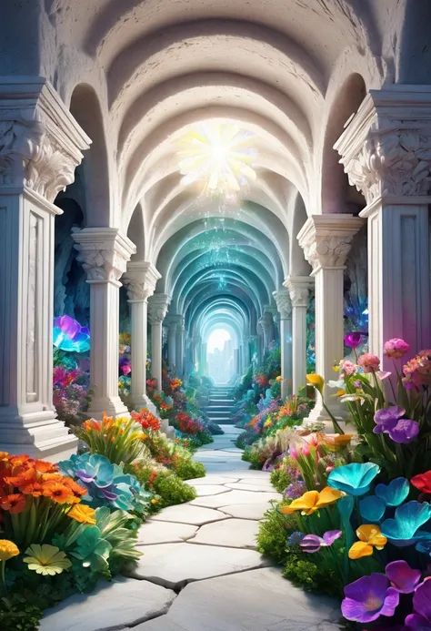 beautiful underground city, pure white limestone walls and ceilings, colorful minerals buried inside, flower garden made of jewels, fantastic iridescent light effects, delicate and dynamic textures, contrasts of light and shadow, 2.5D, digital graphic CG, ...