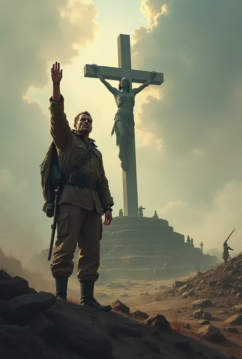 A soldier in a place where there was war with his right hand raised in victory looking towards the cross of Calvary 