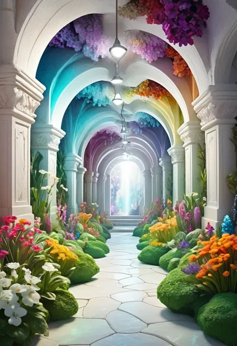 beautiful underground city, pure white limestone walls and ceilings, colorful minerals buried inside, flower garden made of jewels, fantastic iridescent light effects, delicate and dynamic textures, contrasts of light and shadow, 2.5D, digital graphic CG, ...