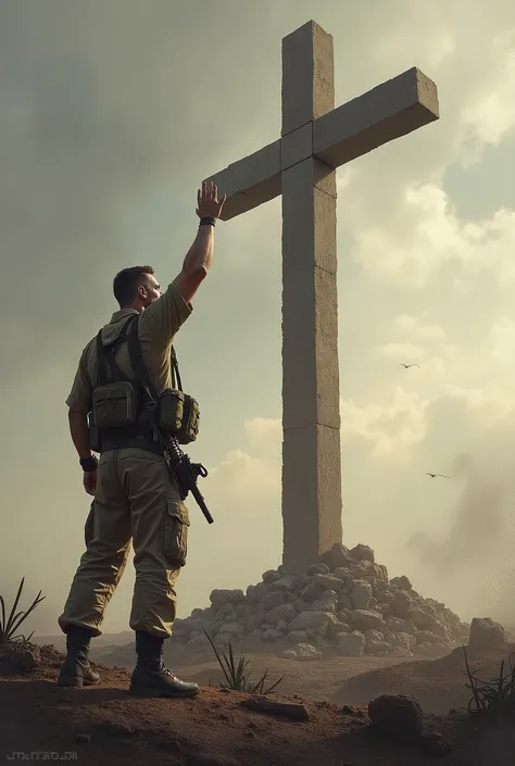 A soldier on a war field with his hand raised victoriously looking at a cross of Calvary 