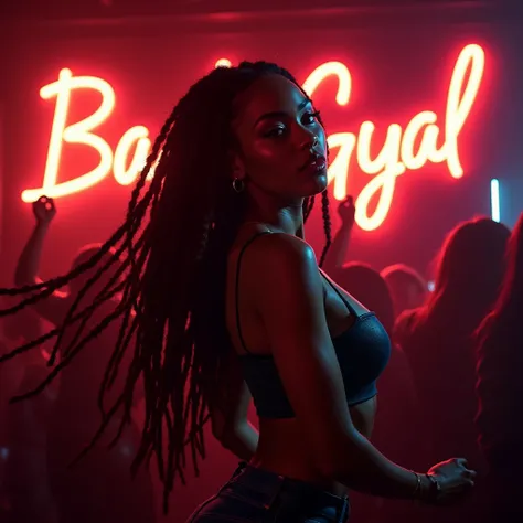 Beautiful sexy African or Jamaican brunette woman with braids or dreadlocks dancing and behind her a led light sign with the word Bad Gyal 