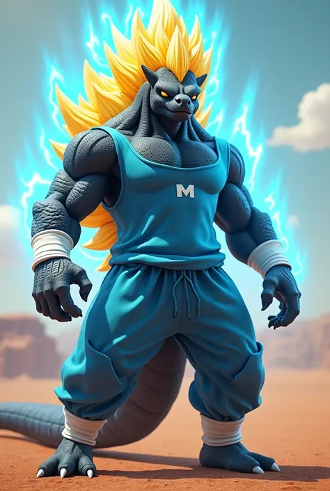 A reptile with a Godzilla face and anthropomorphic body, black skin with a Super Saiyan hair(yellow color) and electric aura(blue color) and wearing blue shirt(sleeveless), blue sweatpants and white gloves an "M" mark on his forehead and stands in front of...