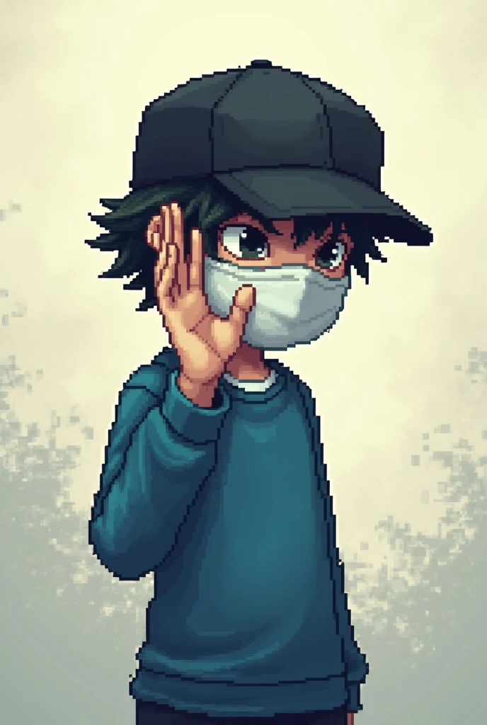 Boy with black cap, white mask , mysterious, blue long sleeve shirt, white shirt, waving hand in pixel art
