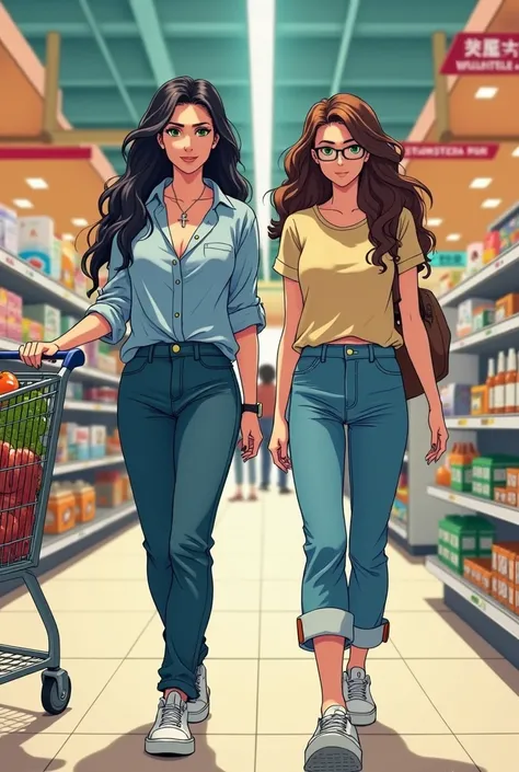 Anime Two women shopping in supermarket with shopping cart one has green eyes long black wavy hair wearing small crucifix light blue blouse, jeans and sneakers the other one has brown eyes long curly hair wears glasses she is fat man shirt jeans and sneake...