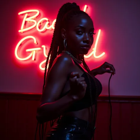 Beautiful sexy African or Jamaican brunette woman with braids or dreadlocks dancing and behind her a led light sign with the word Bad Gyal 