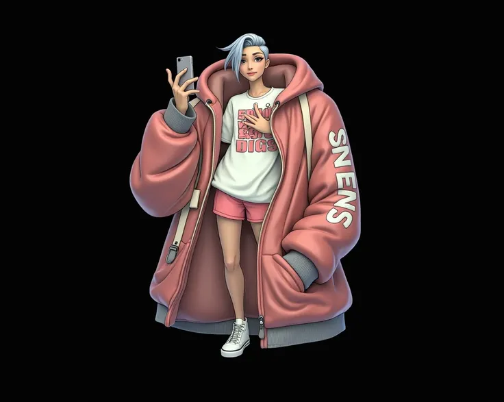 Casual streetwear outfit, featuring a pink hoodie, a white printed t-shirt, pink shorts, and white vans sneakers. She holds a smartphone in one hand and makes a peace sign with the other. Silver hair combed short and slicked back. Relaxed and confident pos...