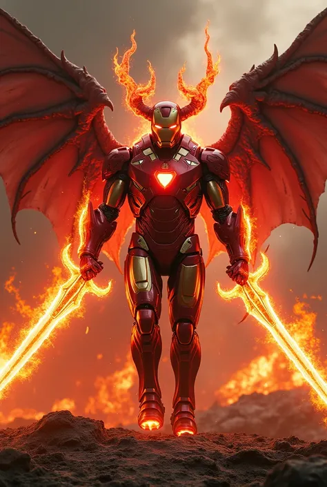 Infernal Tech Overlord: "Lucifer fused with Iron Mans advanced technology, standing on a molten battlefield. His armor glows with hellfire, and his chest arc reactor pulses with an unholy red energy. His wings are mechanical, glowing with fiery veins of ma...