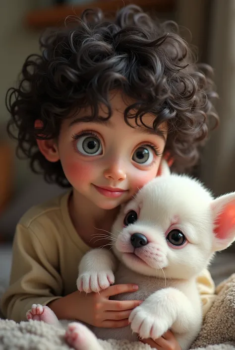 Grey-eyed, curly-haired teenager with a white French Bulldog puppy