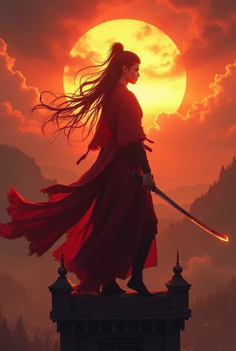 a powerful ninja in a flaming battle stance,on the roof of a grand castle tower,gazing at a breathtaking sunset,the light casting a warm glow on his face,his expression melancholic yet determined,(best quality,4k,8k,highres,masterpiece:1.2),ultra-detailed,...