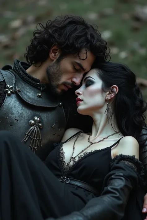 a Brazilian man in medieval plate armor with a face similar to a Tim Burton character with medium curly hair is lying on the lap of a woman with black, wavy hair and a pointy nose and deep-set eyes after a medieval battle they are both looking at each othe...