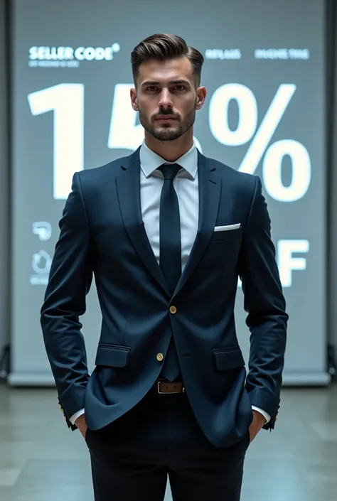 Crie uma real image e persuasiva incentivando o clique de clientes para usar o codigo de vendedor A1LS e ganhar 15% discount on the first purchase on the website The store sells men&#39;s formal clothing, put a modern man( real image)  dress in a suit and ...