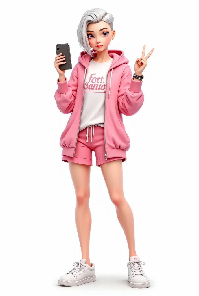 Casual streetwear outfit, featuring a pink hoodie, a white printed t-shirt, pink shorts, and white vans sneakers. She holds a smartphone in one hand and makes a peace sign with the other. Silver hair combed short and slicked back. Relaxed and confident pos...