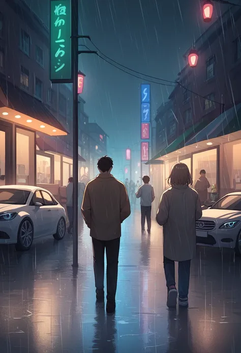 A man, standing in the rain, all wet, arrives at a coffee shop at night., in the background a city with cars and people with umbrellas, the man is out of breath from running so much, the image is beautiful with pale colors and soft cozy shadows is quiet li...