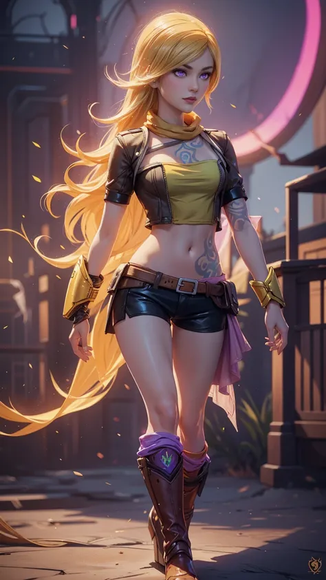 1girl, 1girl, combining elements of Yang Xiao Long from "RWBY" and Lilith from "Borderlands", beautiful detailed eyes, beautiful detailed lips, extremely detailed face and portrait, long eyelashes, flowing golden hair, lilac/violet eyes, crop top, short sh...