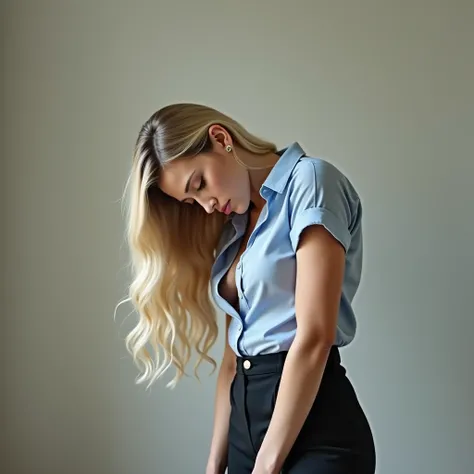 Very beautiful and busty American blonde girl, dressed in a light blue long-sleeved shirt like an office secretary with a black sweater and black pants, where she is standing and falling asleep standing up, very relaxed, con brazos cayendose hacia los cost...