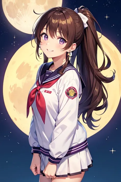 brown_hair, Sideburns, ponytail,Hiroshima Toyo Carp uniform,Purple eyes, Bright Eyes, smile, One girl, Sailor suit,High school girl,Moon-shaped earrings