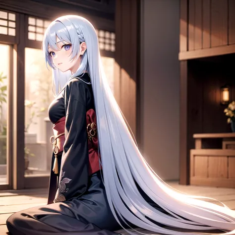 Light blue hair、Purple Eyes、adult、woman、anime、Long Hair、alone、Illustration、kimono、Nine-tailed fox