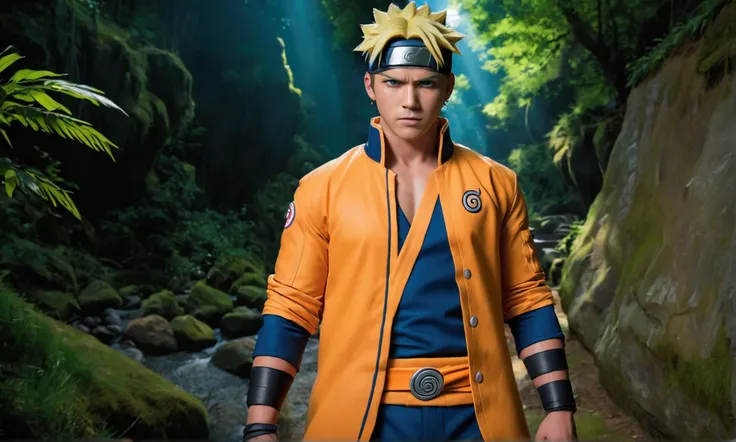 A muscular man with a powerful physique in his 30s, Arnold Schwarzenegger, cosplaying as Naruto, fighting rival ninjas alongside his Naruto allies in a lush forest canyon, hyperrealistic, highly detailed, dramatic lighting, vibrant colors, cinematic, (best...