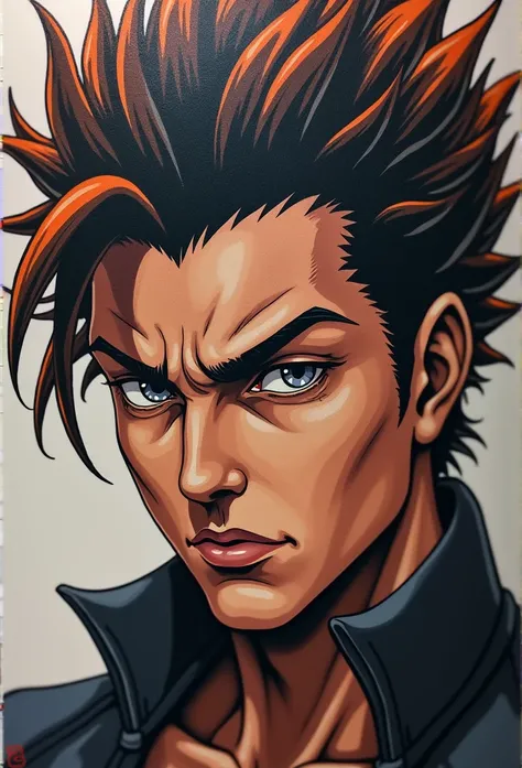 This super zoomed-in tattoo would capture the essence of one of JoJo&#39;s Bizarre Adventure&#39;s iconic characters, using the combed style to give depth to the face and hair. O design, bottomless, would keep the focus on the character, providing a detail...